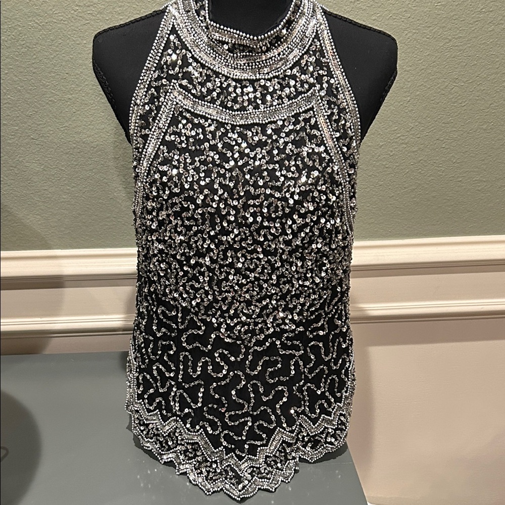 Vintage 90’s Elegant Black and Silver Beaded Halter Top